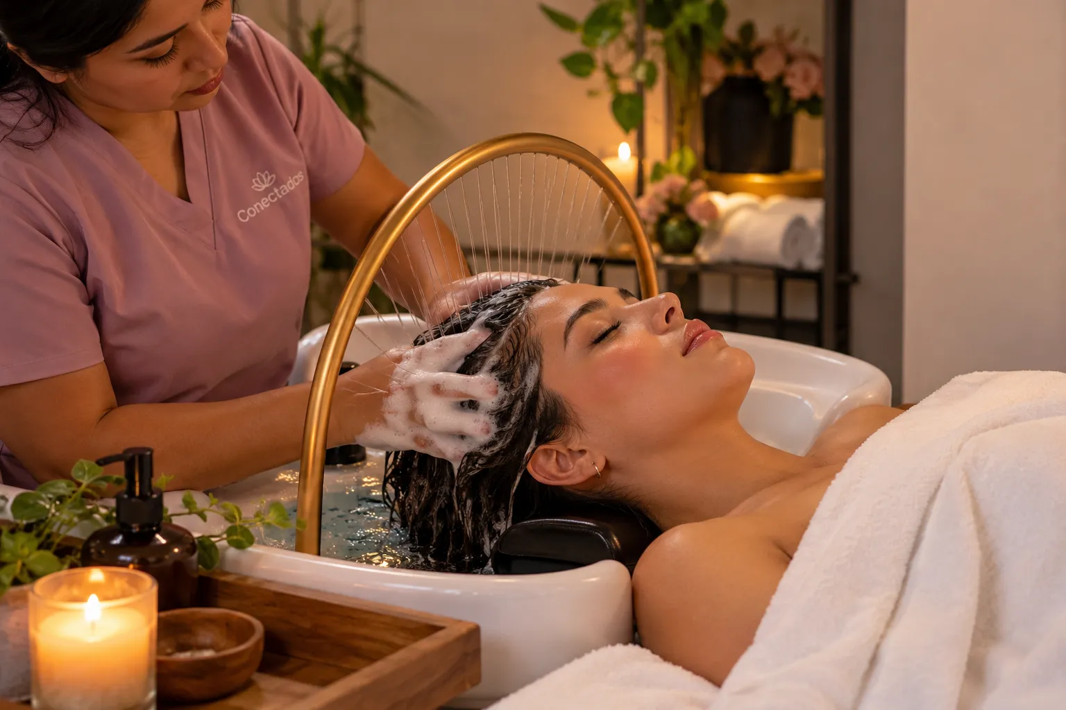 Especialista realizando Head Spa y masaje de cuero cabelludo en Conectados Spa en Cuernavaca